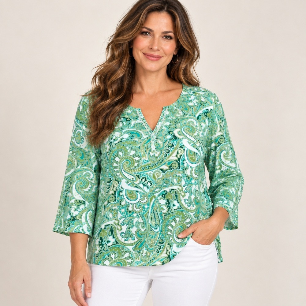 Denim & Co Green Paisley 3/4 Sleeve Notched V-Neck Knit Top 2X A7578